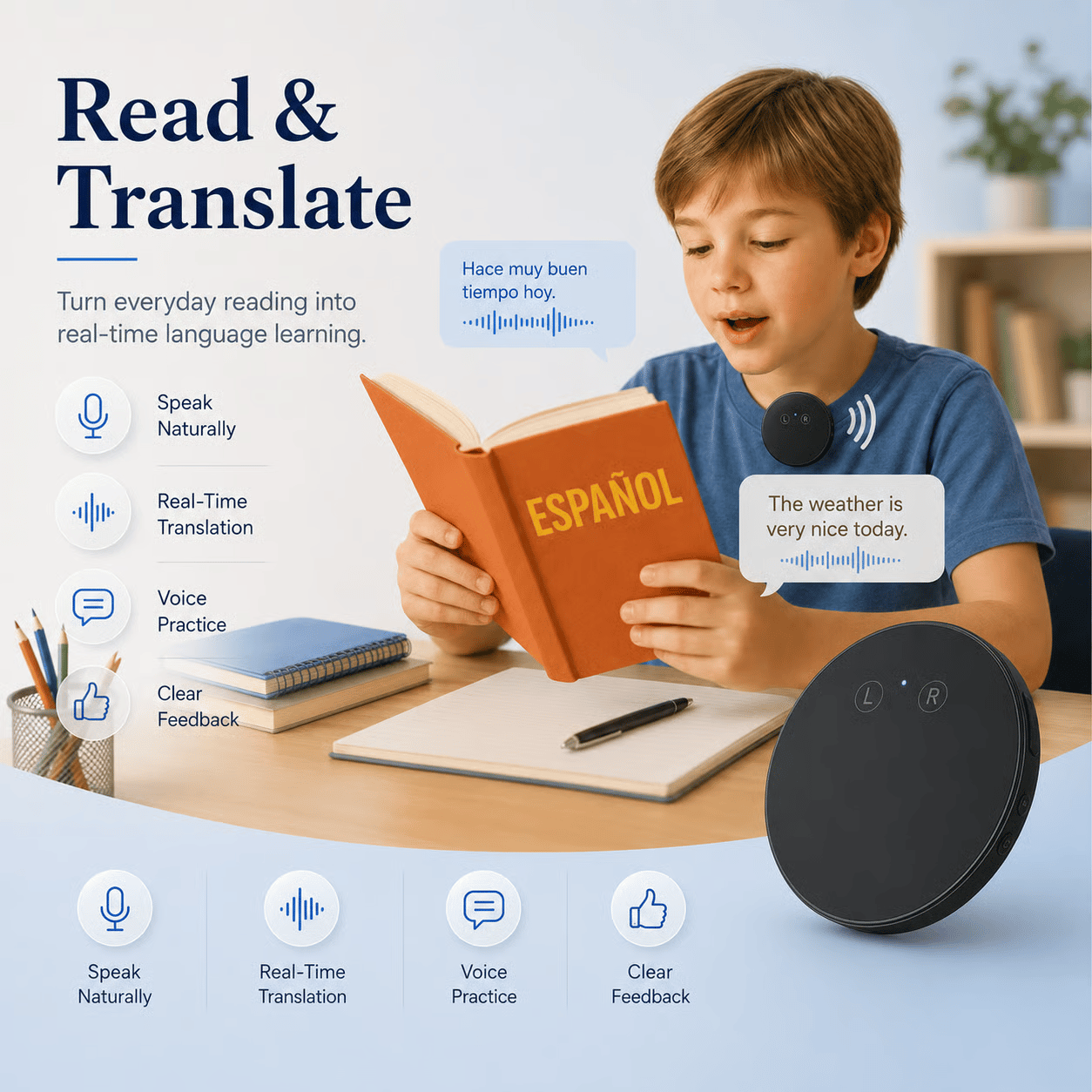 Spanish & English Practice Companion – Supports 40 Languages
