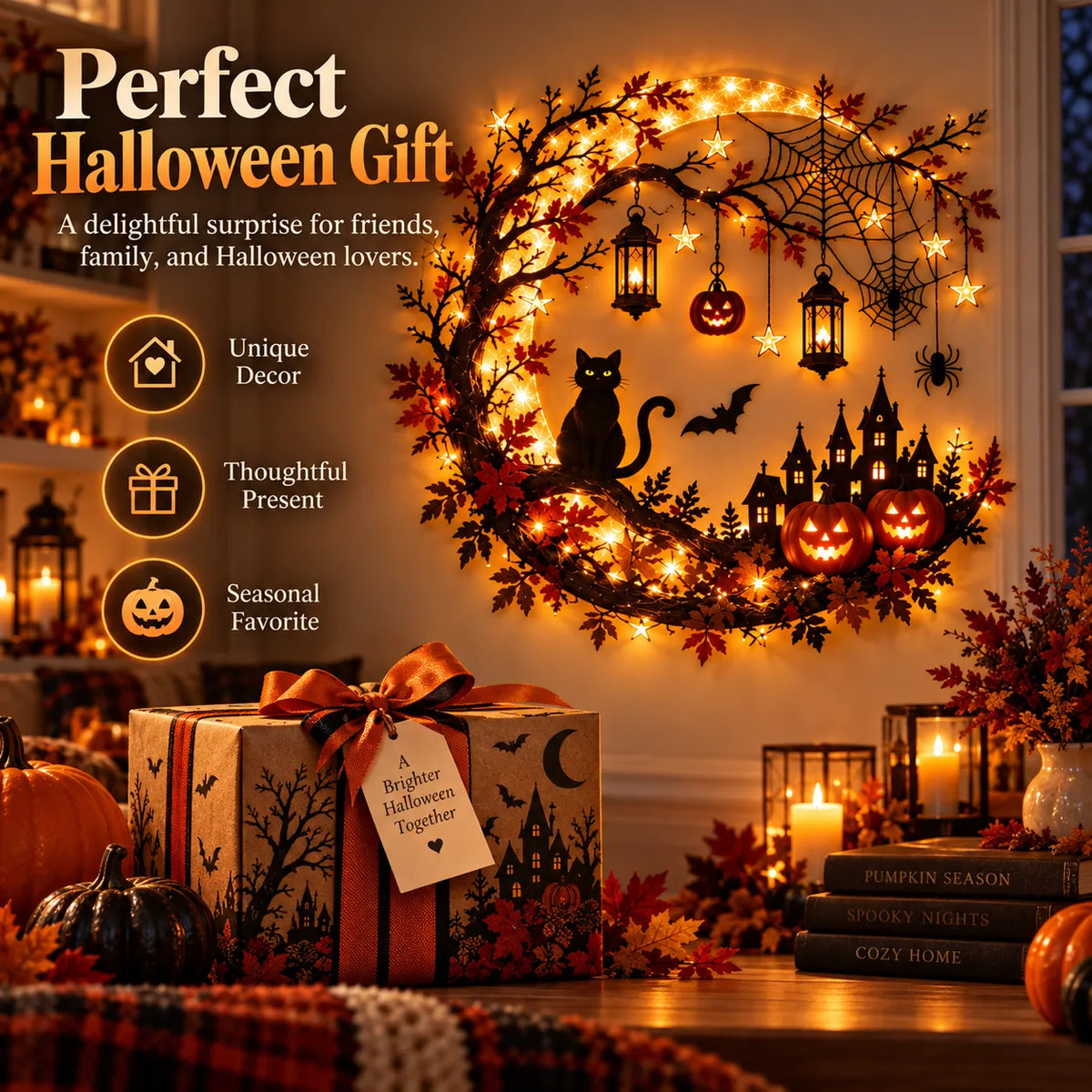 🌙🎃 Halloween Crescent Moon Lighted Wall Decor ✨