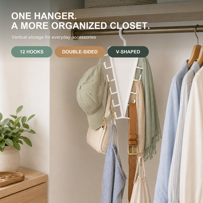 🧺 V-Shaped 12-Hook Closet Organizer – 360° Rotating Double-Sided Space Saver