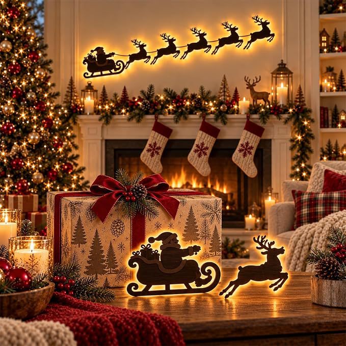 Reindeer Sleigh Press On – Lighted Christmas Wall Decor, Easy No-Tool Install