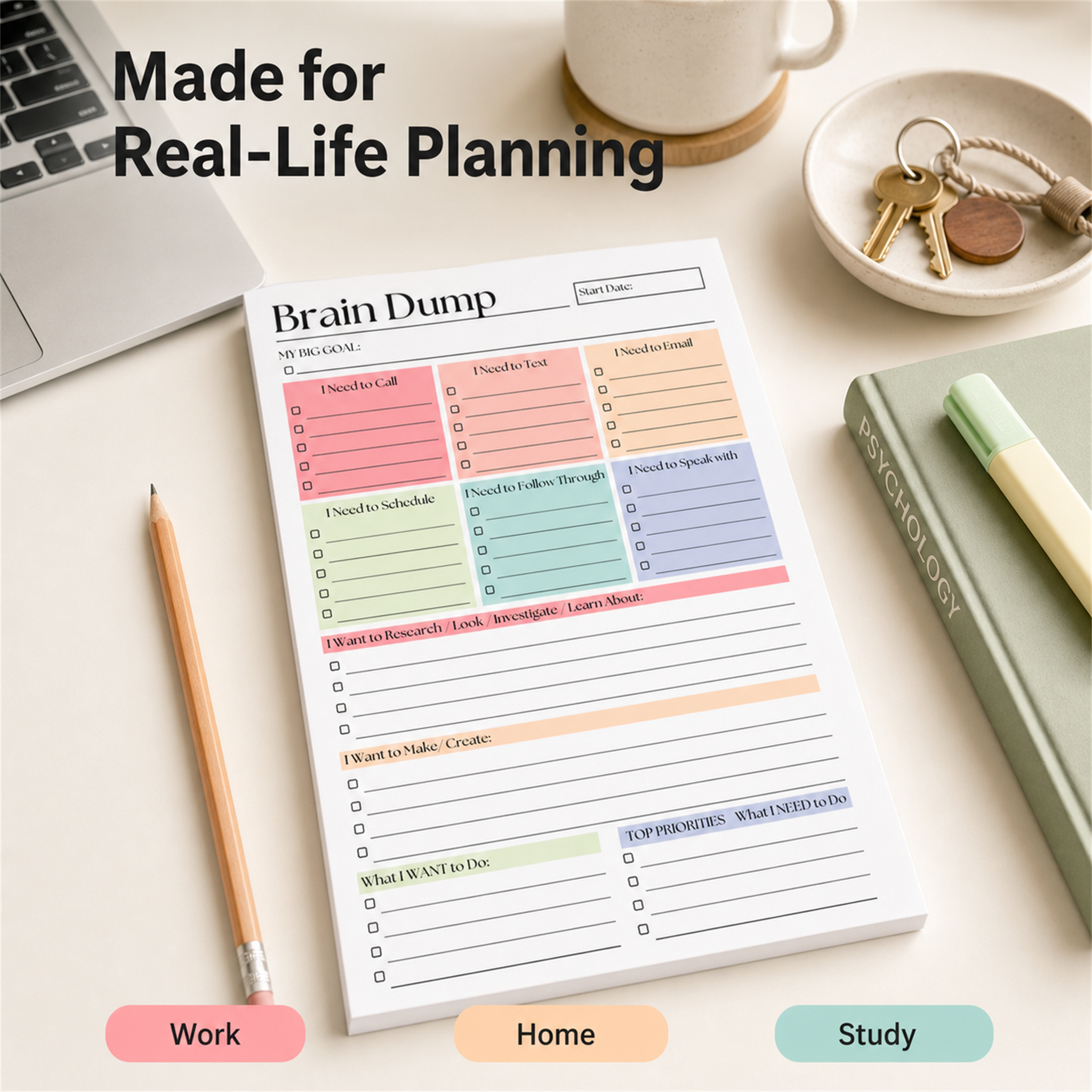🧠 ADHD Brain Dump Notepad – Organize Tasks & Priorities | 50 Sheets ✅