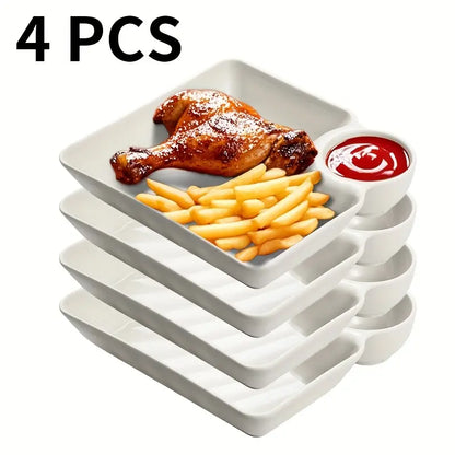 🍱✨ 4-Pack Divided Snack Plates – Non-Breakable Plates with Sauce Compartments for Snacks & Appetizers 🍗