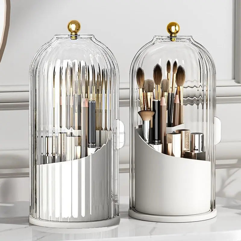 💄🔄 360° Rotating Makeup Brush Organizer – Clear Acrylic Cosmetic Storage Holder with Dust-Proof Lid ✨