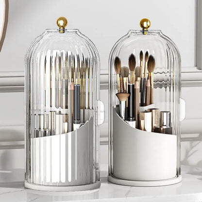 💄🔄 360° Rotating Makeup Brush Organizer – Clear Acrylic Cosmetic Storage Holder with Dust-Proof Lid ✨