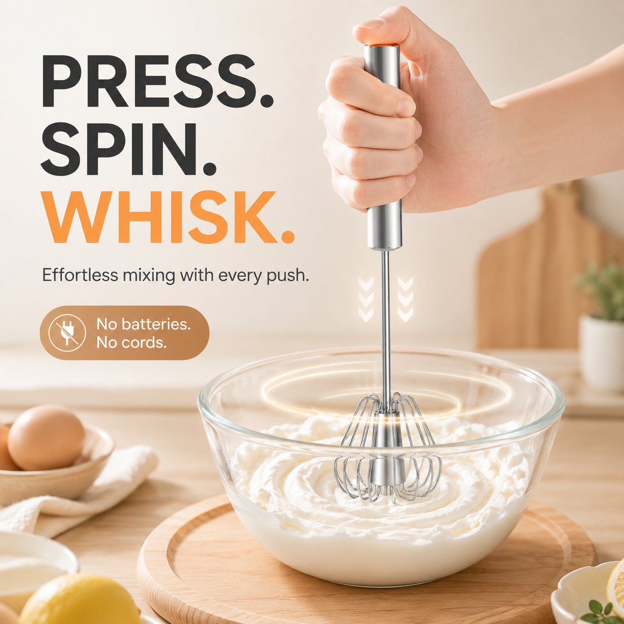 🥚 Push & Spin Manual Whisk – Automatic Rotary Egg Beater, No Battery Handheld Mixer for Baking, Cooking & Meal Prep