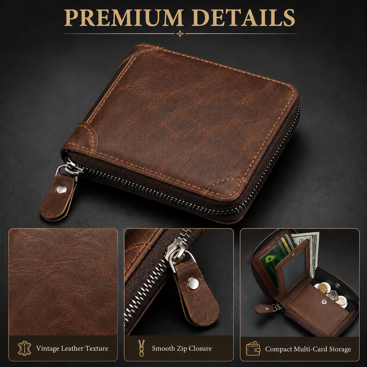 🔥LAST DAY 49% OFF🔥💼 Men Retro PU Leather Zip Wallet, Bifold Card Coin Purse