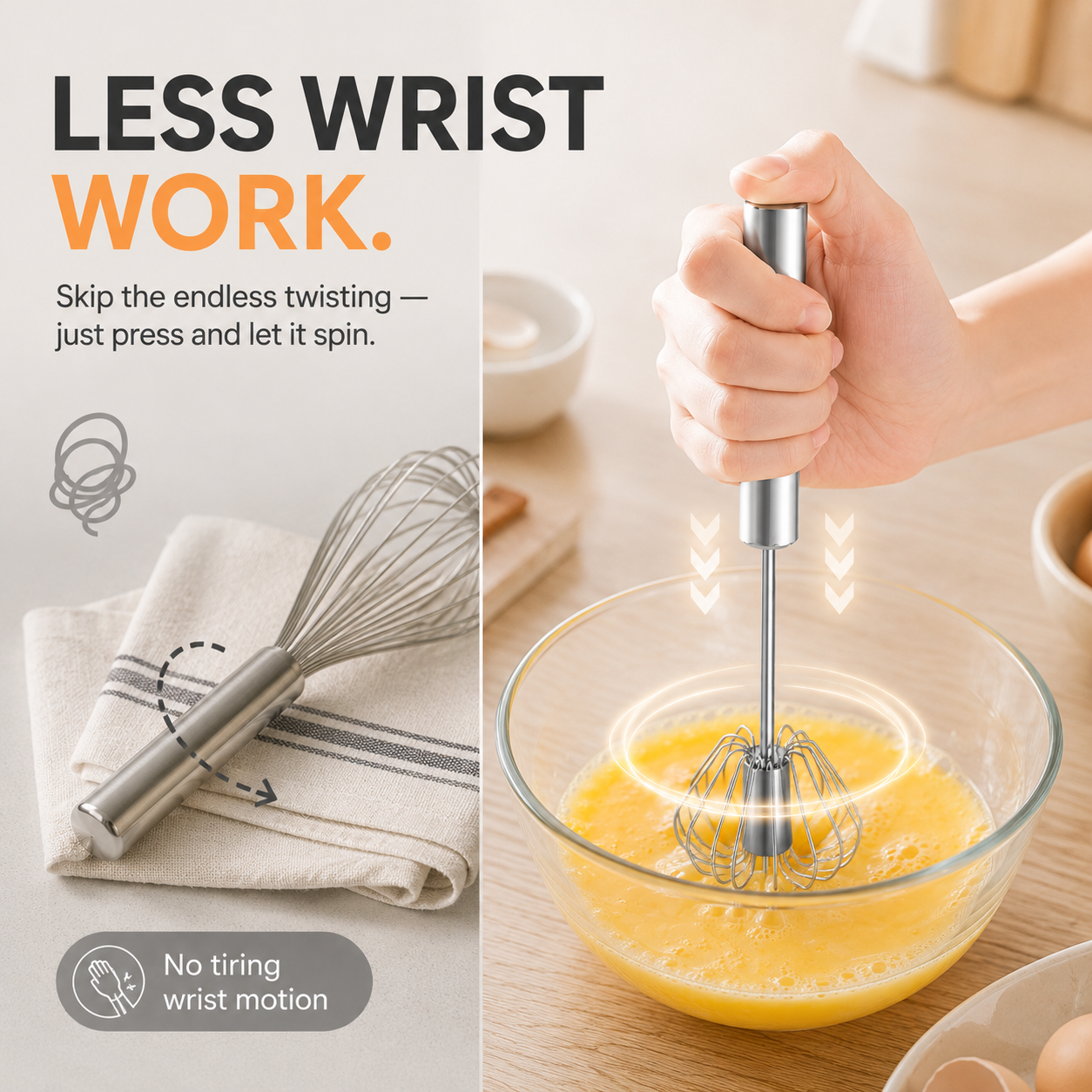 🥚 Push & Spin Manual Whisk – Automatic Rotary Egg Beater, No Battery Handheld Mixer for Baking, Cooking & Meal Prep