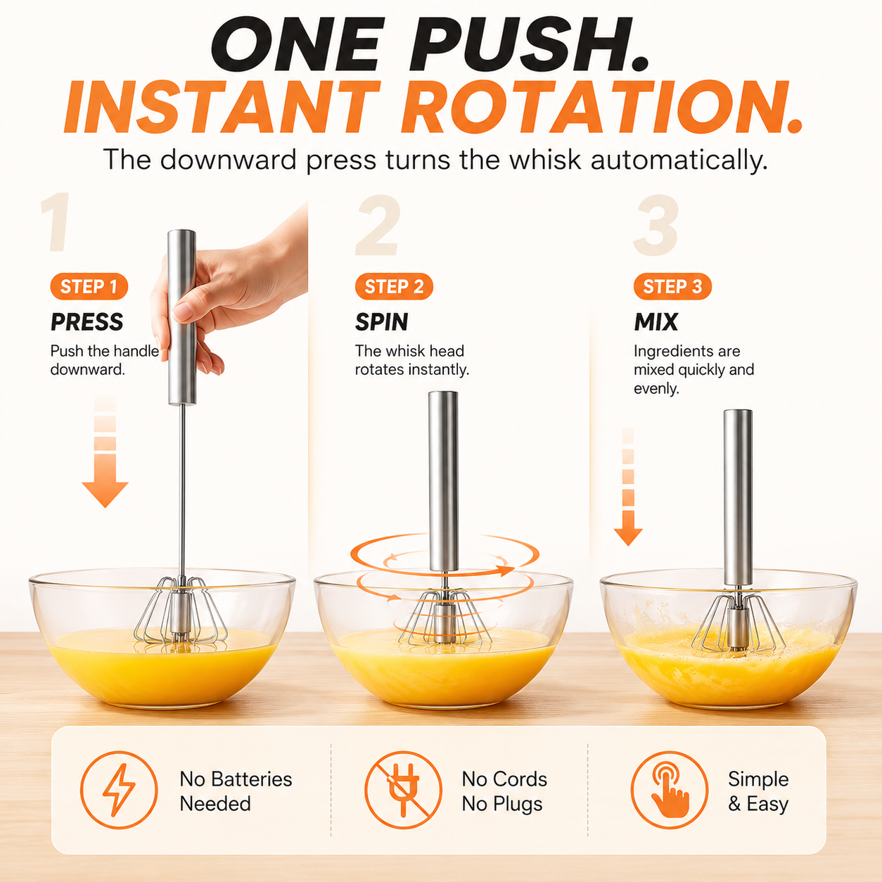 🥚 Push & Spin Manual Whisk – Automatic Rotary Egg Beater, No Battery Handheld Mixer for Baking, Cooking & Meal Prep