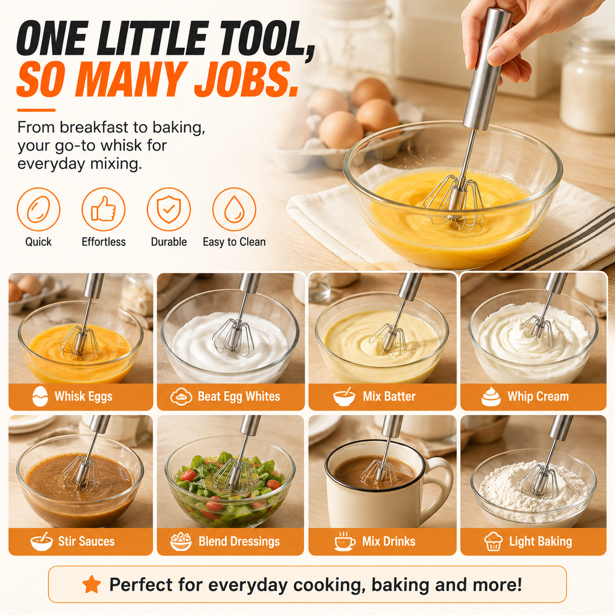 🥚 Push & Spin Manual Whisk – Automatic Rotary Egg Beater, No Battery Handheld Mixer for Baking, Cooking & Meal Prep
