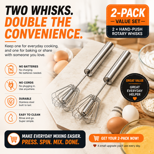 🥚 Push & Spin Manual Whisk – Automatic Rotary Egg Beater, No Battery Handheld Mixer for Baking, Cooking & Meal Prep