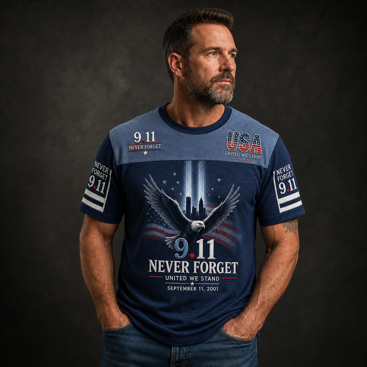 🕊️ 9/11 Memorial Tribute T-Shirt – Twin Towers, Eagle and American Flag Design 🇺🇸 🦅