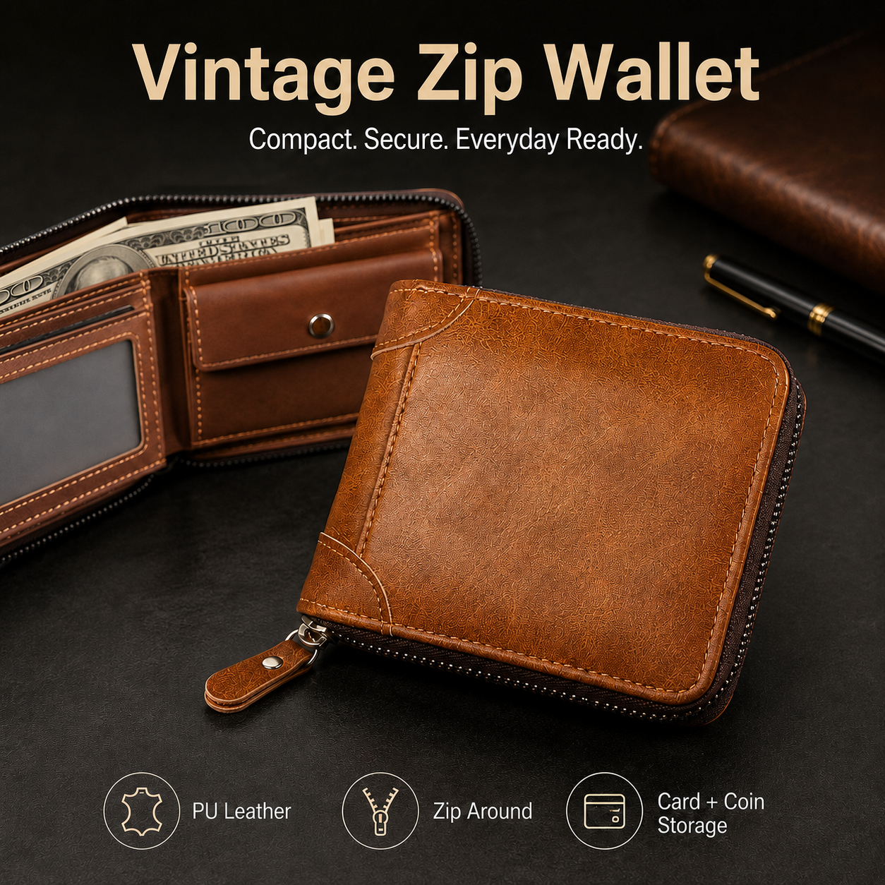 🔥LAST DAY 49% OFF🔥💼 Men Retro PU Leather Zip Wallet, Bifold Card Coin Purse