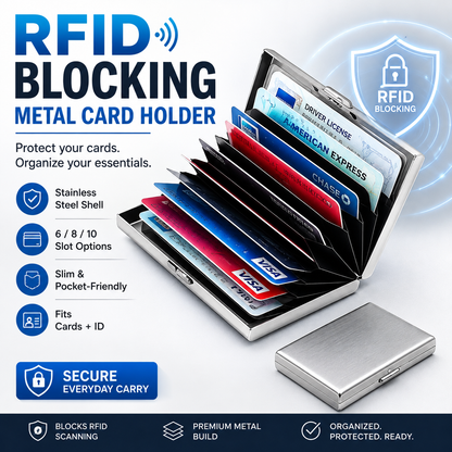 RFID Blocking Metal Card Holder – Slim Stainless Steel Wallet, 6/10 Slot