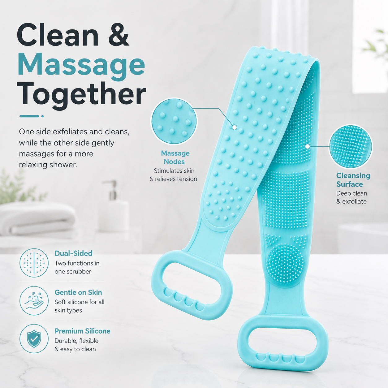 🔥Limited Time 49% OFF🚿 Dual Handle Silicone Back Scrub Strap | Deep Exfoliating Shower Brush