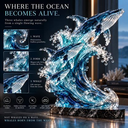 🐋🌊 Ocean Spirit Whale Sculpture – Three Whales Rising Through a Glass Wave