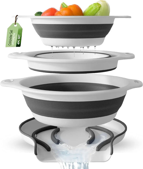 🥬💧 Gevoli 3-Pack Collapsible Colander Set with Self-Draining Base – 3QT, 4QT & 5QT