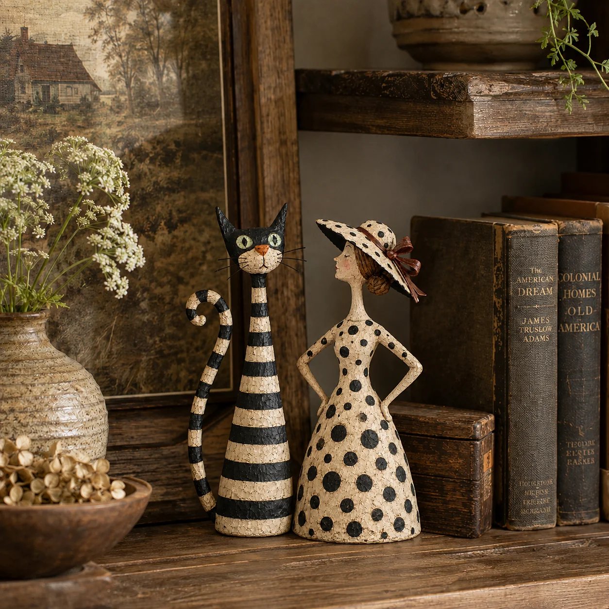Vintage  Cat & Lady Sculptures