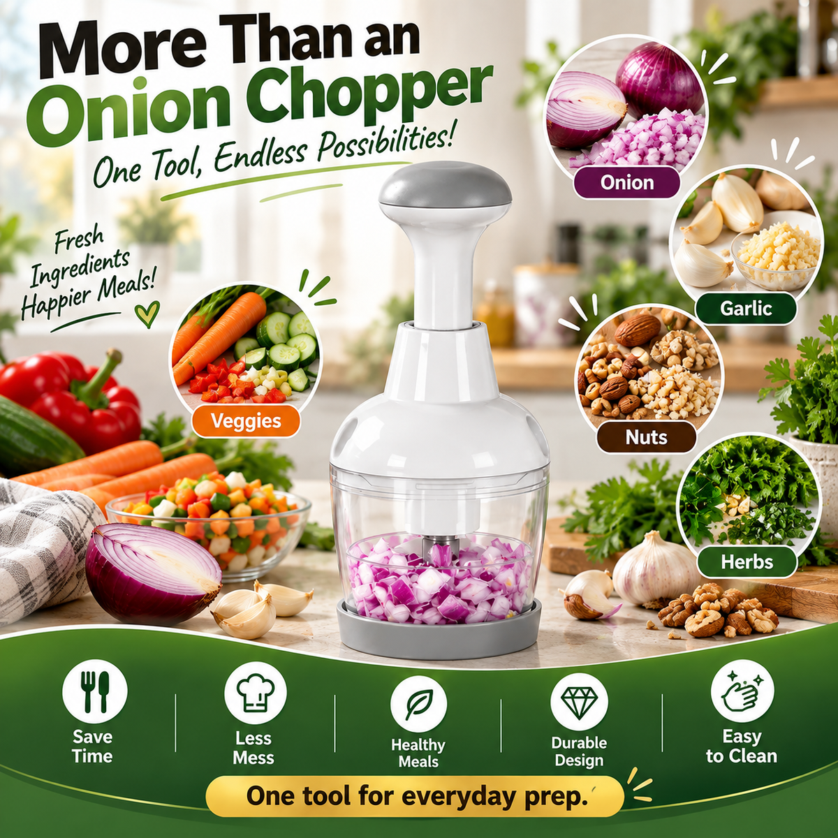 🥗 Push & Chop Manual Food Chopper – Quick Prep for Onions, Garlic, Veggies & More