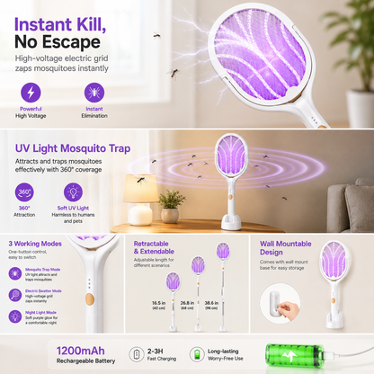 Retractable electric mosquito swatter, 1200mAh rechargeable
