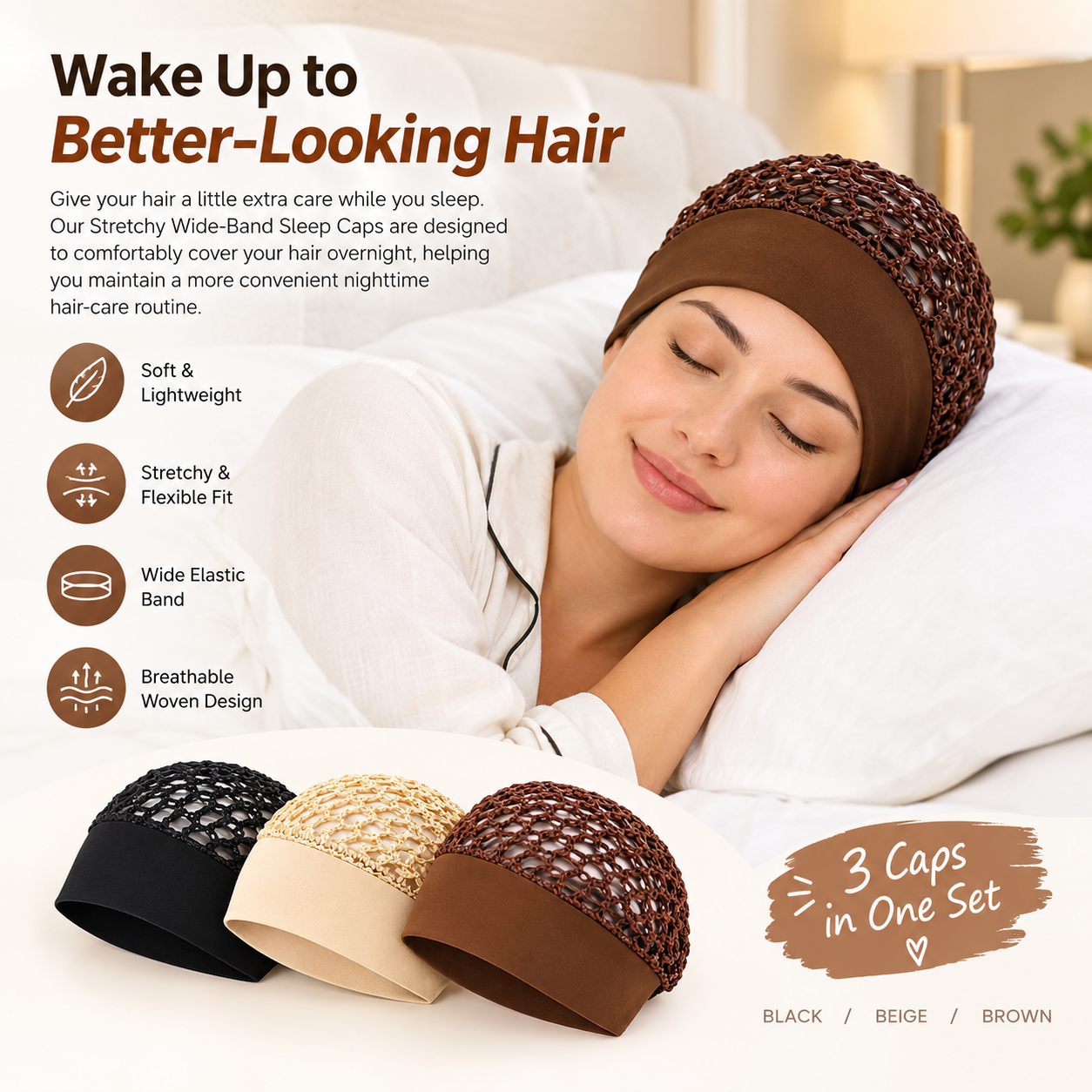 3-Pack Crochet Open-Weave Sleep Cap – Hair Protection: Wake Up to Better-Looking Hair