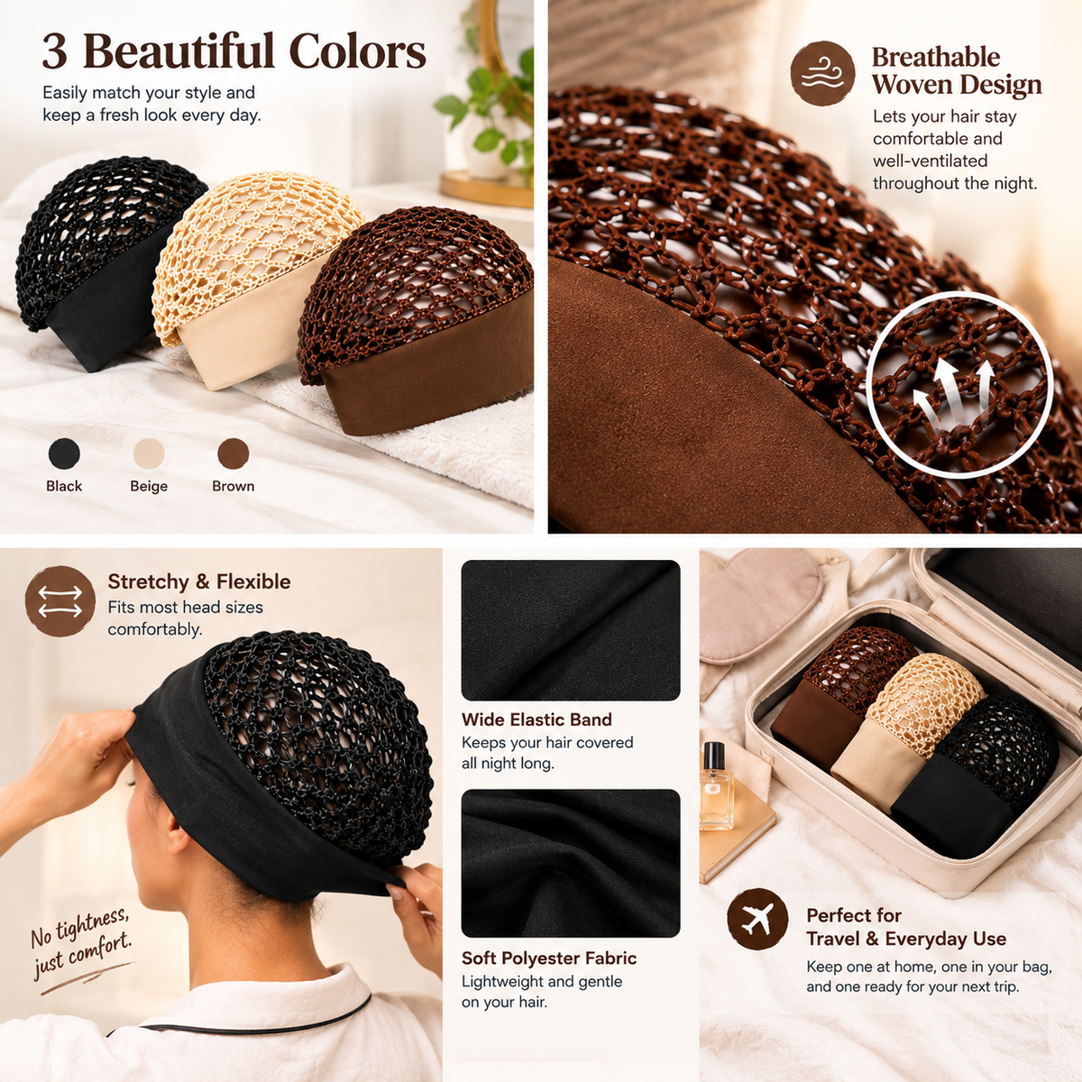 3-Pack Crochet Open-Weave Sleep Cap – Hair Protection: Wake Up to Better-Looking Hair