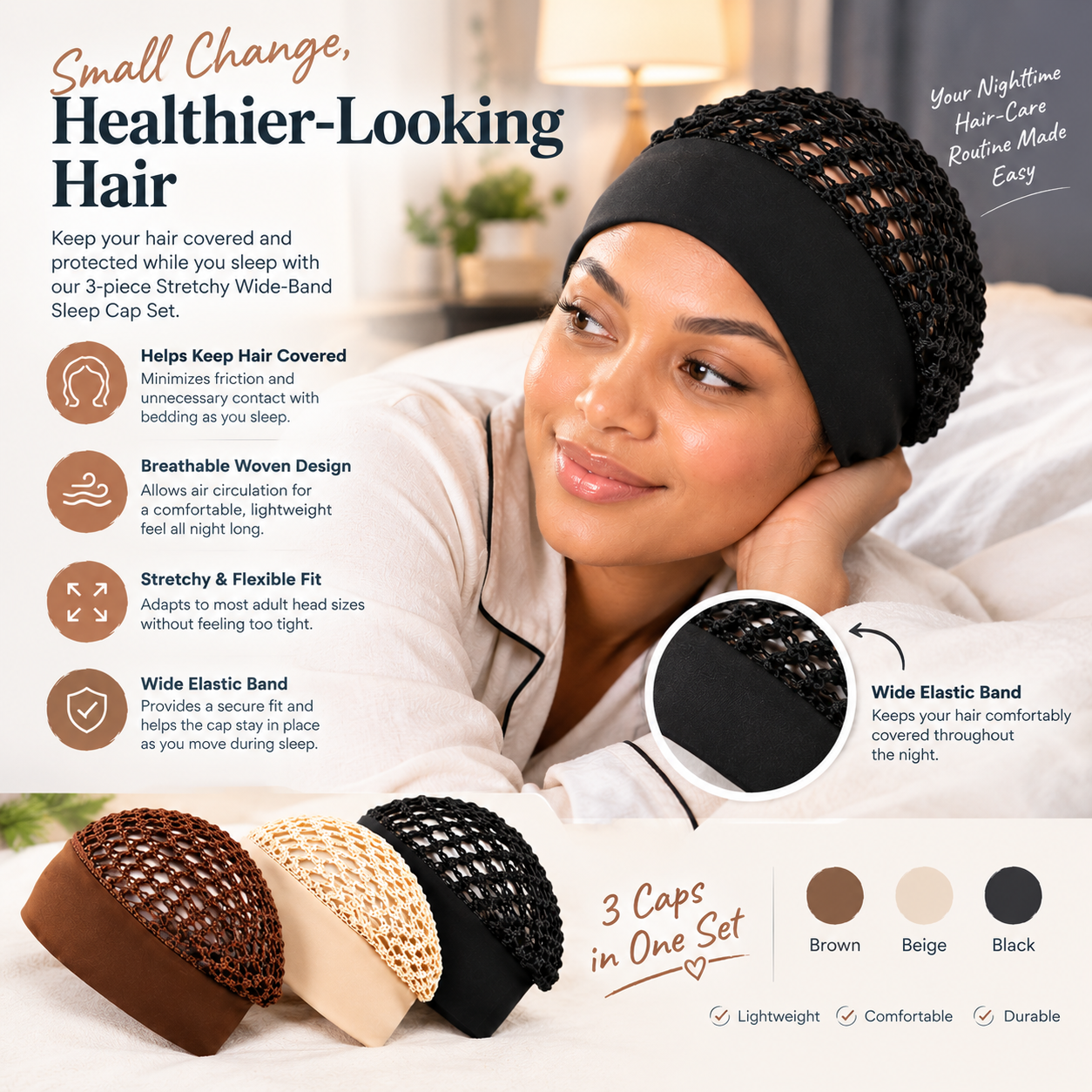 3-Pack Crochet Open-Weave Sleep Cap – Hair Protection: Wake Up to Better-Looking Hair