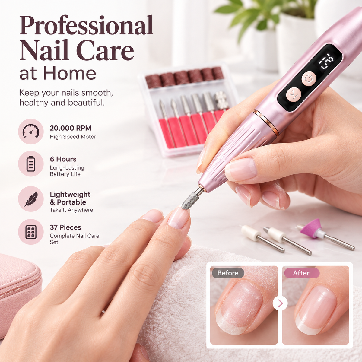 Portable electric nail file with grinding set; suitable for manicures and pedicures; lightweight and portable