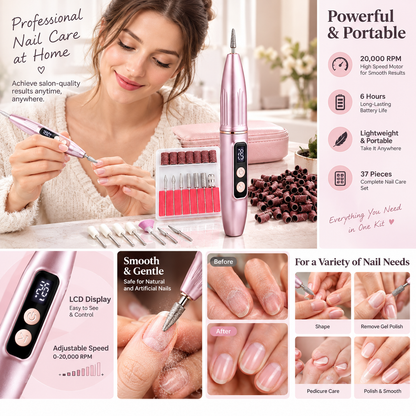 Portable electric nail file with grinding set; suitable for manicures and pedicures; lightweight and portable