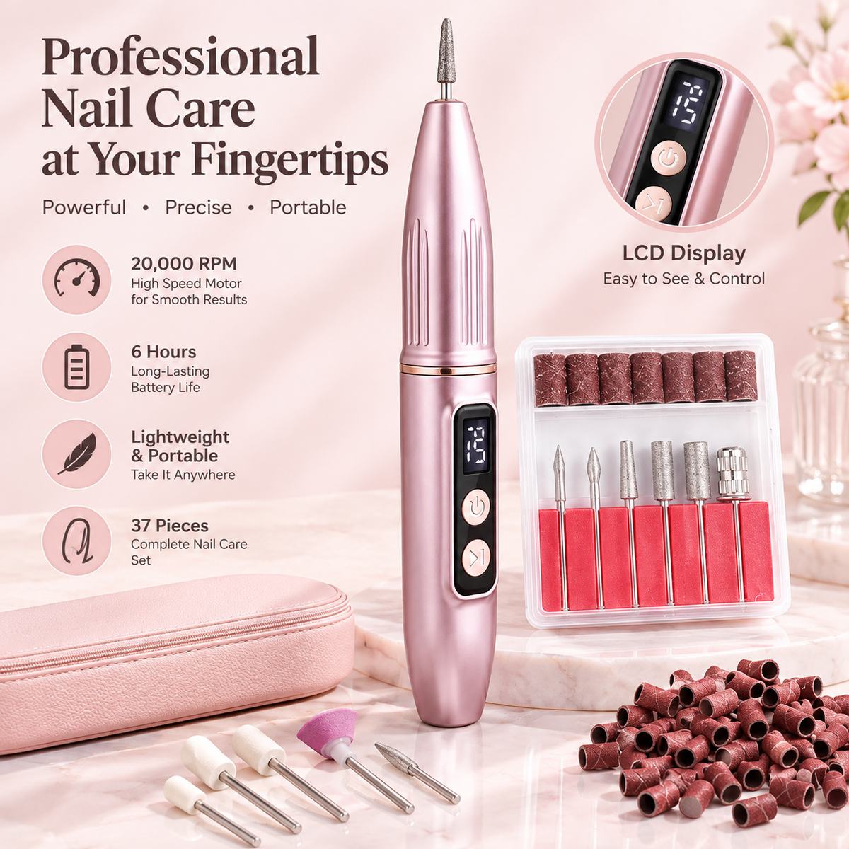 Portable electric nail file with grinding set; suitable for manicures and pedicures; lightweight and portable