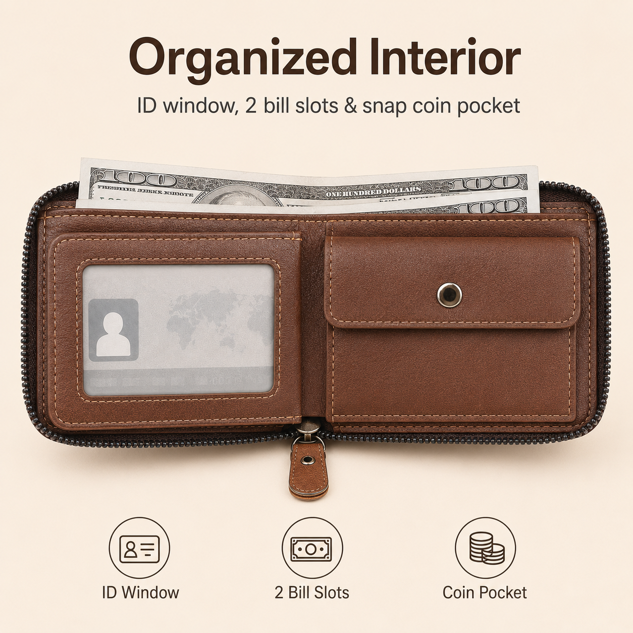 🔥LAST DAY 49% OFF🔥💼 Men Retro PU Leather Zip Wallet, Bifold Card Coin Purse