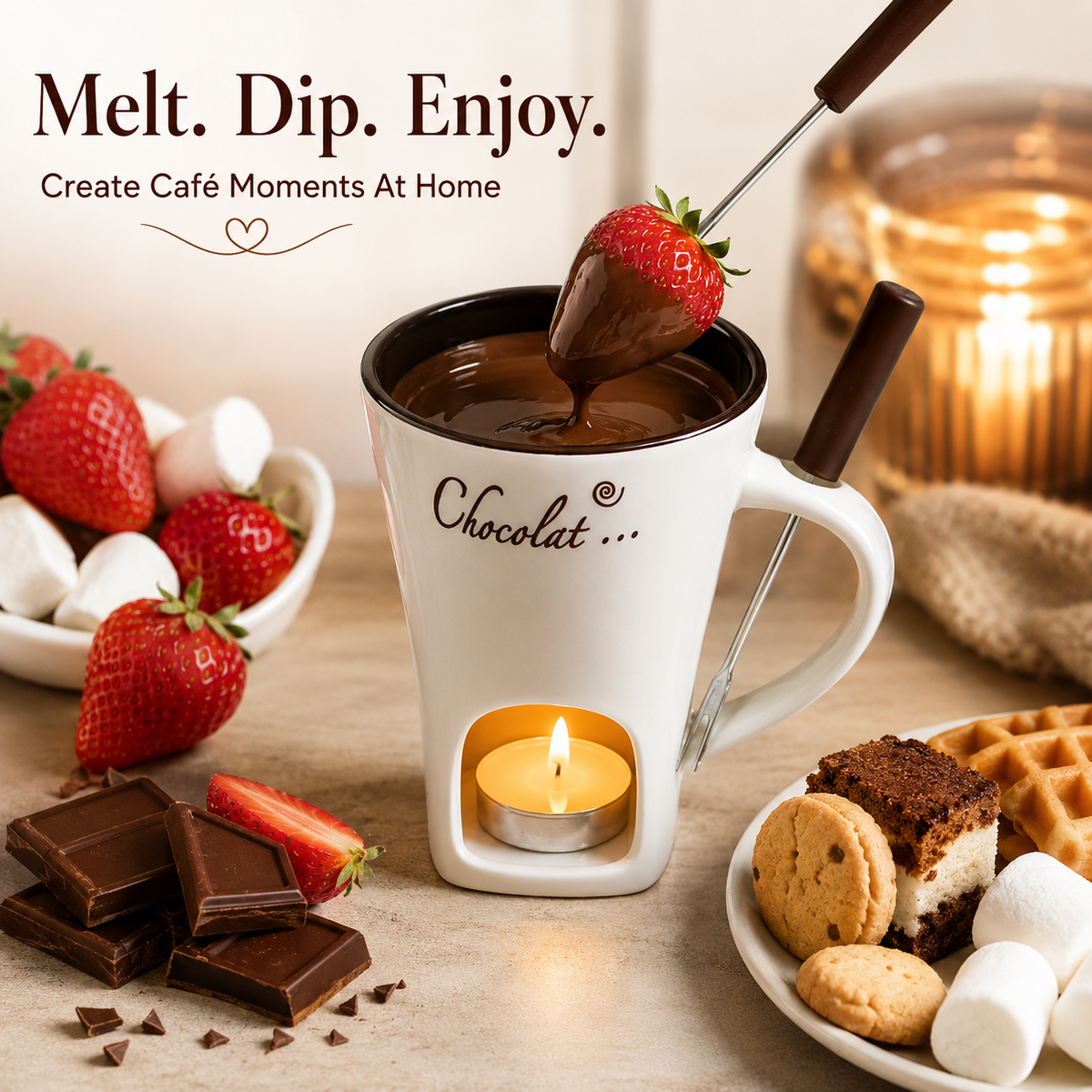 🍫 Candle-Heated Ceramic Fondue Mug Set with Dipping Fork