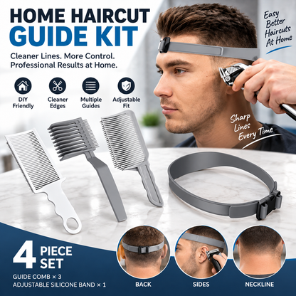 🔥 Limited-Time 49% OFF✂️ 4-Piece Home Haircut Guide Kit | Adjustable Silicone Clipper Band for Fades & Edge