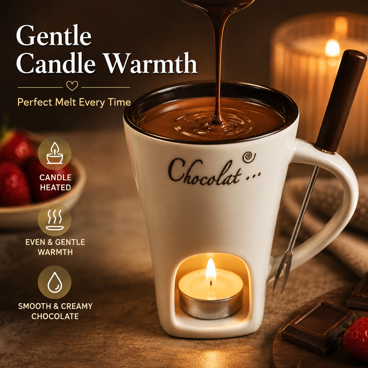 🍫 Candle-Heated Ceramic Fondue Mug Set with Dipping Fork