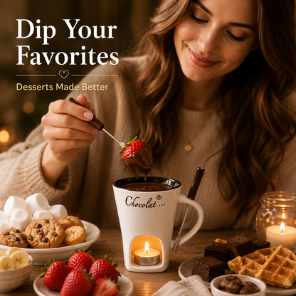 🍫 Candle-Heated Ceramic Fondue Mug Set with Dipping Fork