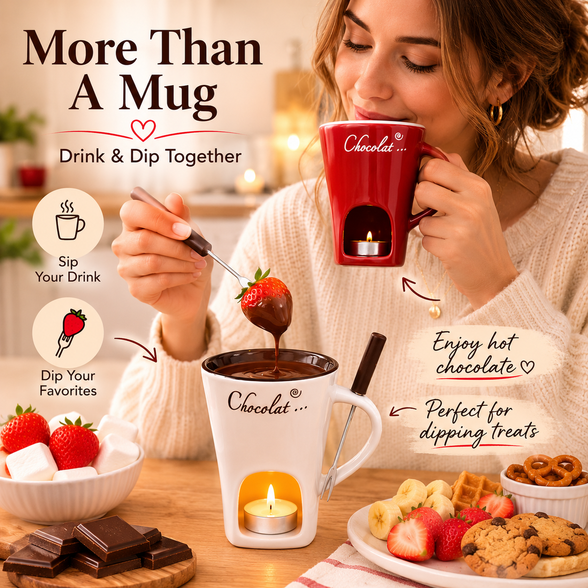 🍫 Candle-Heated Ceramic Fondue Mug Set with Dipping Fork
