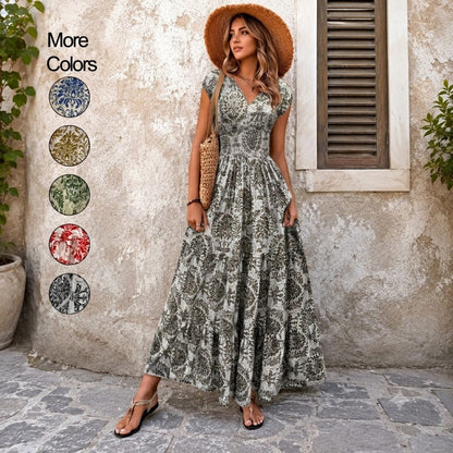 💃Women's Boho Shirred V-Neck Flowy Vacation Maxi Dress