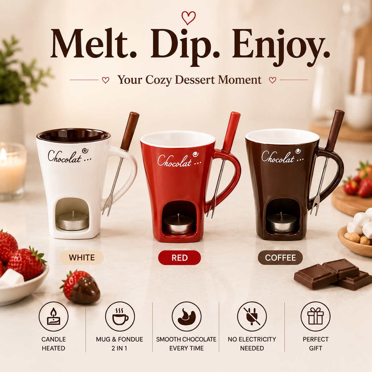 🍫 Candle-Heated Ceramic Fondue Mug Set with Dipping Fork