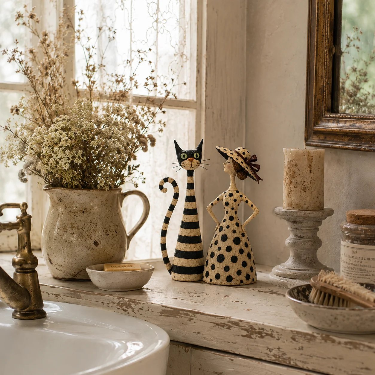 Vintage  Cat & Lady Sculptures