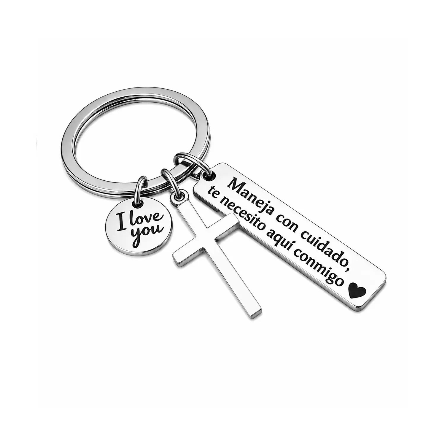 Maneja Con Cuidado Te Necesito Aquí Conmigo Keychain with Cross & I Love You Charm Spanish
