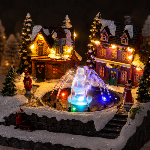 🌲Musical Christmas Village Water Fountain – Rotating LED Lighted Snow Scene Music Box