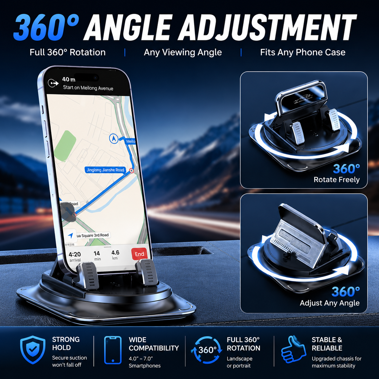 🚗 360° Car Phone Holder 📱 | Dashboard Suction Cup Mount for iPhone & Android 🔄