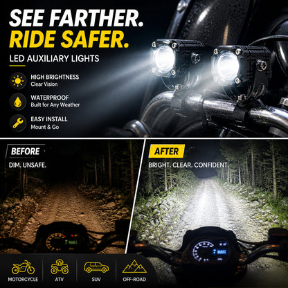 🎉 2026 Sale — Over 40,000 Sold! 🏍️ Universal Motorcycle LED Spotlights – Dual Beam & All-Weather Waterproof 💡