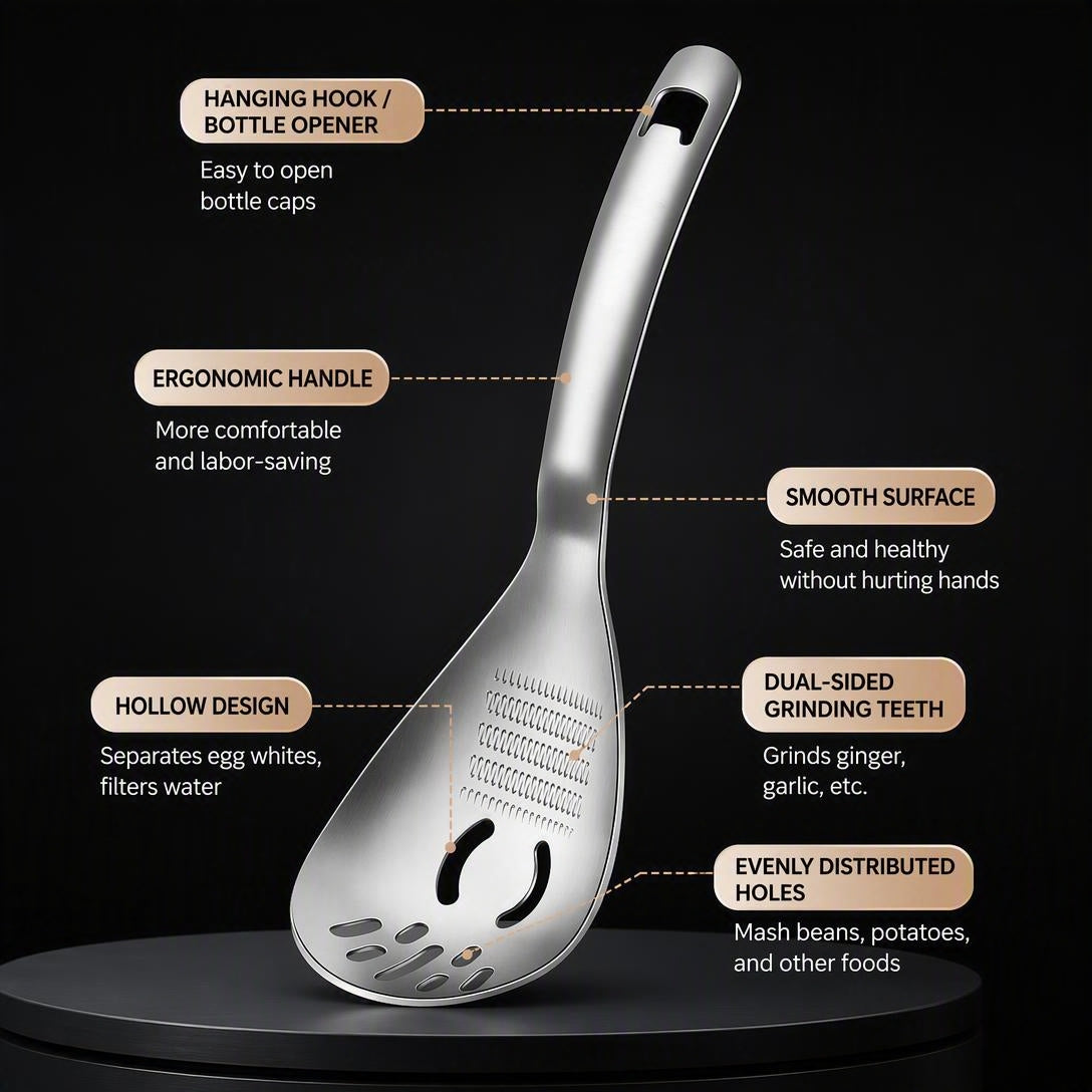 🍳 4-in-1 304 Stainless Steel Kitchen Spoon ✨ Separate, Grate, Mash & Serve