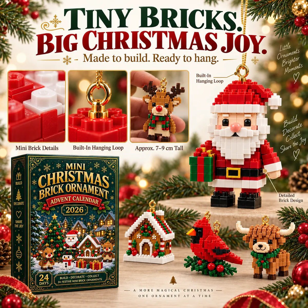 🎄24-Day Mini Christmas Brick Ornament Advent Calendar | 24 Unique Buildable Holiday Ornaments to Create, Hang & Keep 🧱