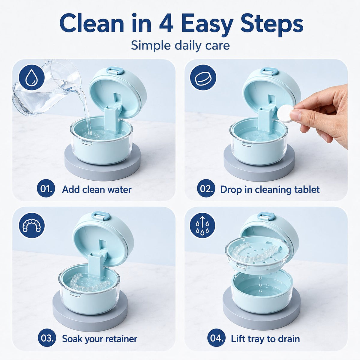 🦷✨3-in-1 Retainer Cleaning & Storage Case – Portable Leak-Resistant Soak Box with Drain Tray, Mirror & Cleaning Brush 🎁Buy 2 Free Shipping
