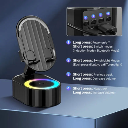 🔊📱5-in-1 Wireless Smartphone Speaker Stand – Bluetooth Audio, LED Light & Power Bank ✨