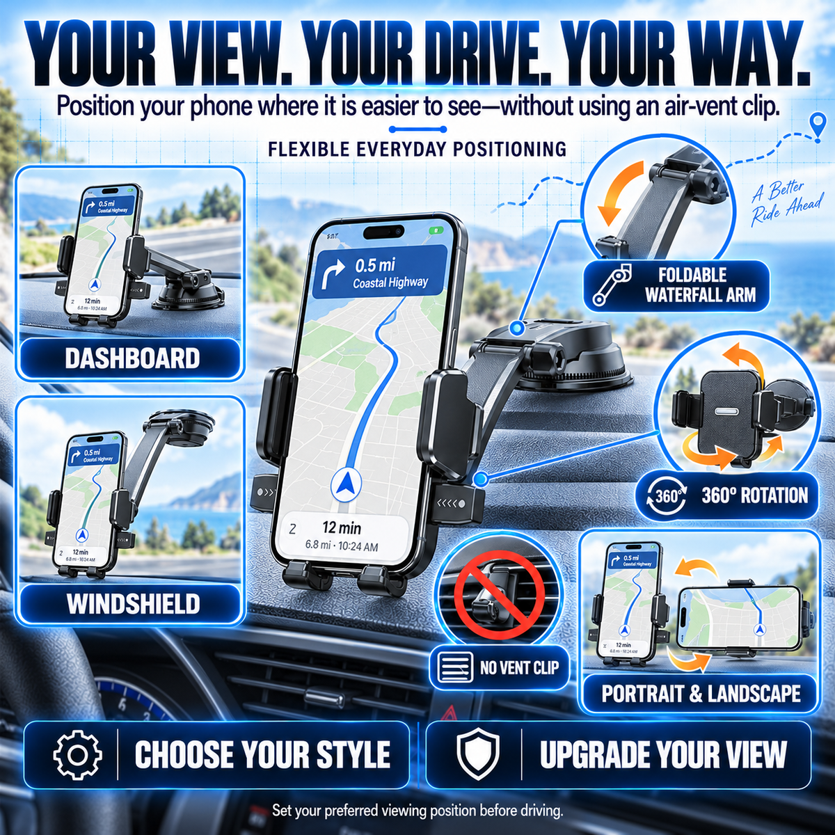 🚗 Vacuum Suction Waterfall Car Phone Mount – Foldable Multi-Angle One-Hand Lock