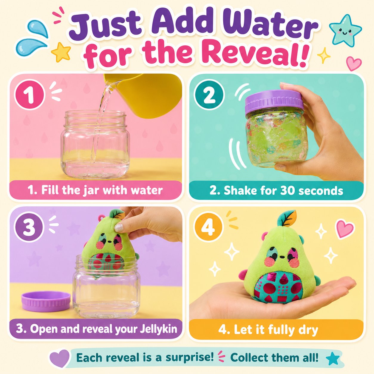 Magic Jellykins Surprise Plush Jar 2-Pack, Magical Transforming Water-Activated Toys, Mystery Box Plushies for Ages 5 and Up, Multicolor, 3”