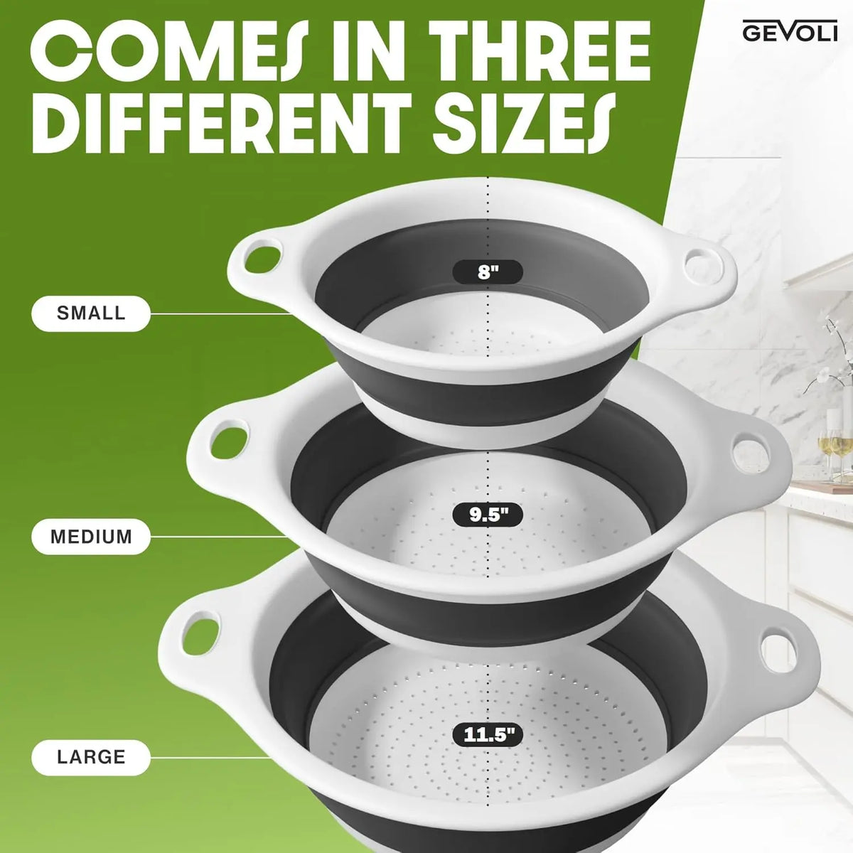 🥬💧 Gevoli 3-Pack Collapsible Colander Set with Self-Draining Base – 3QT, 4QT & 5QT