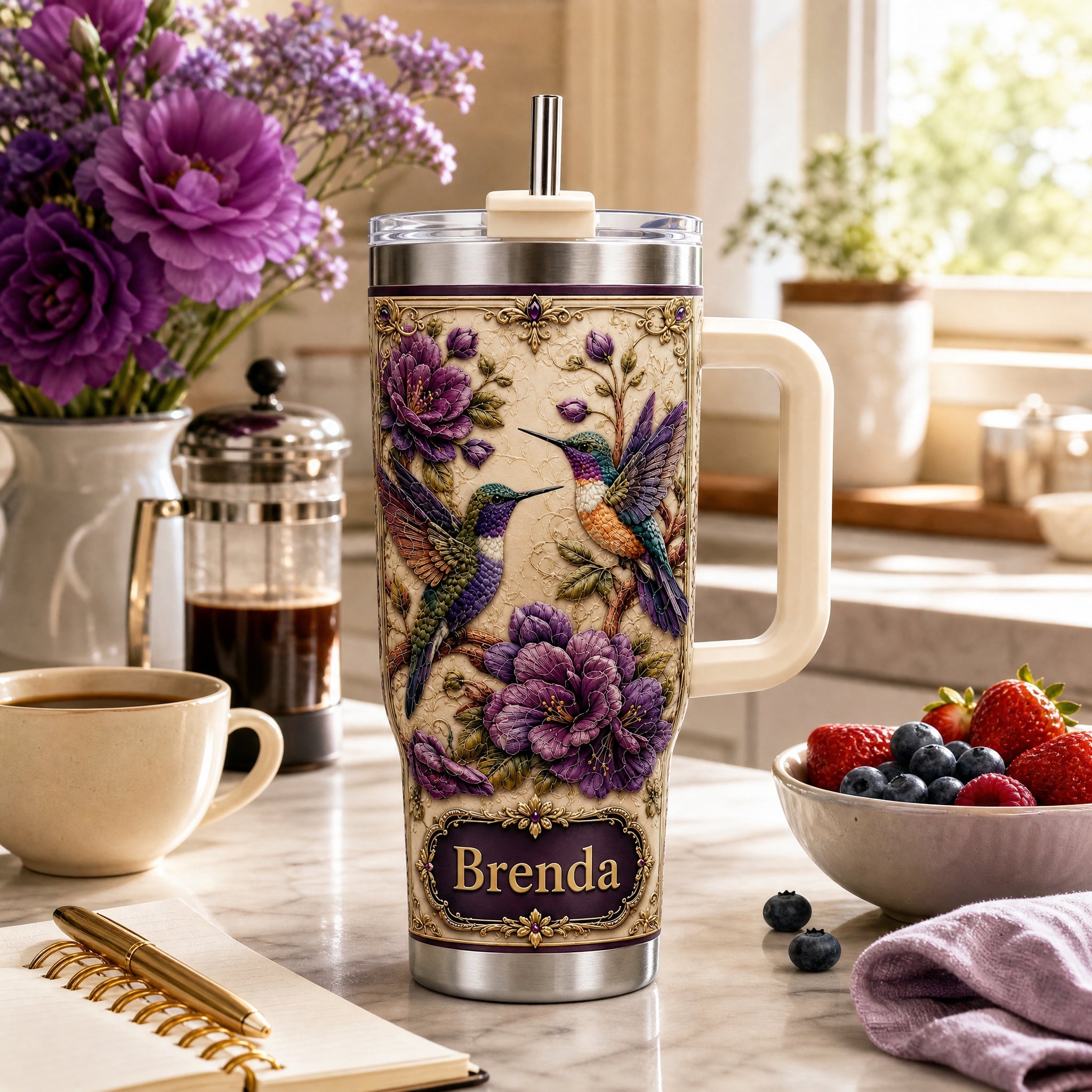 Personalized Hummingbird & Purple Flower Tumbler